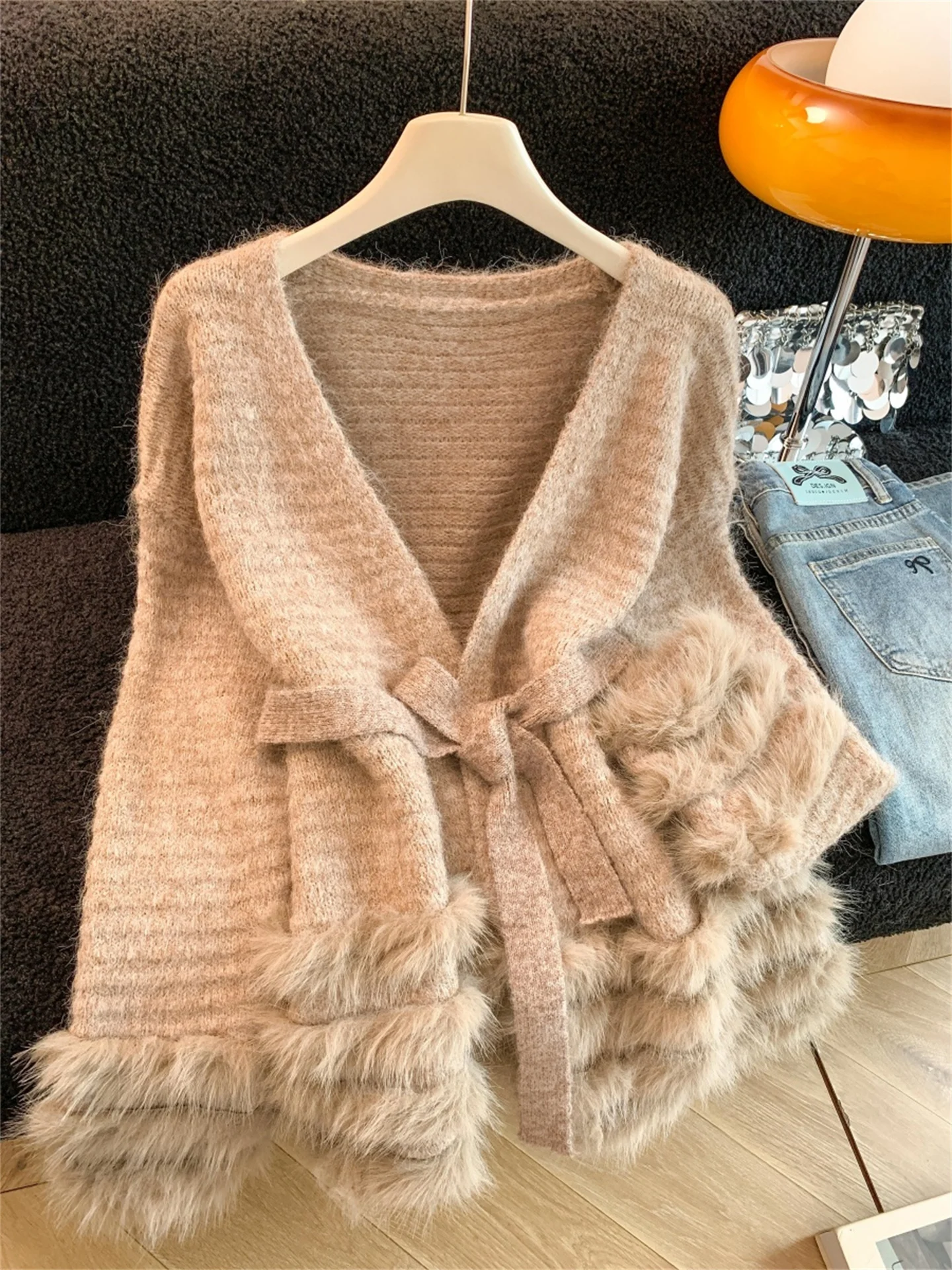 

Chic Knitted Open Cardigan Waist-Cinching Mid-Length Women's Sweater Coat Winter Faion Sweet Sle High Waist Loose Fit