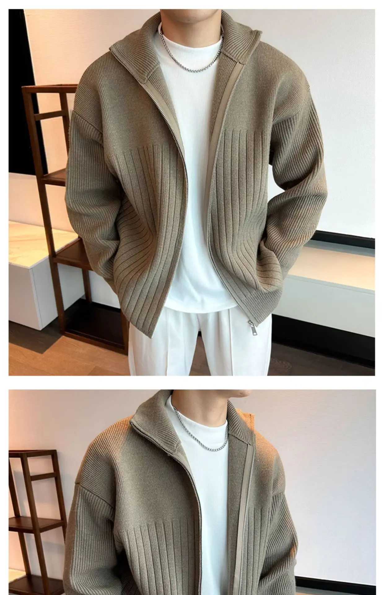 Herren Herbst Winter Gestreifter Cardigan Pullover Jungen Studenten Warme Jacke Herren Casual Pendlerjacke Weiche Bequeme Strickware – Detail 13