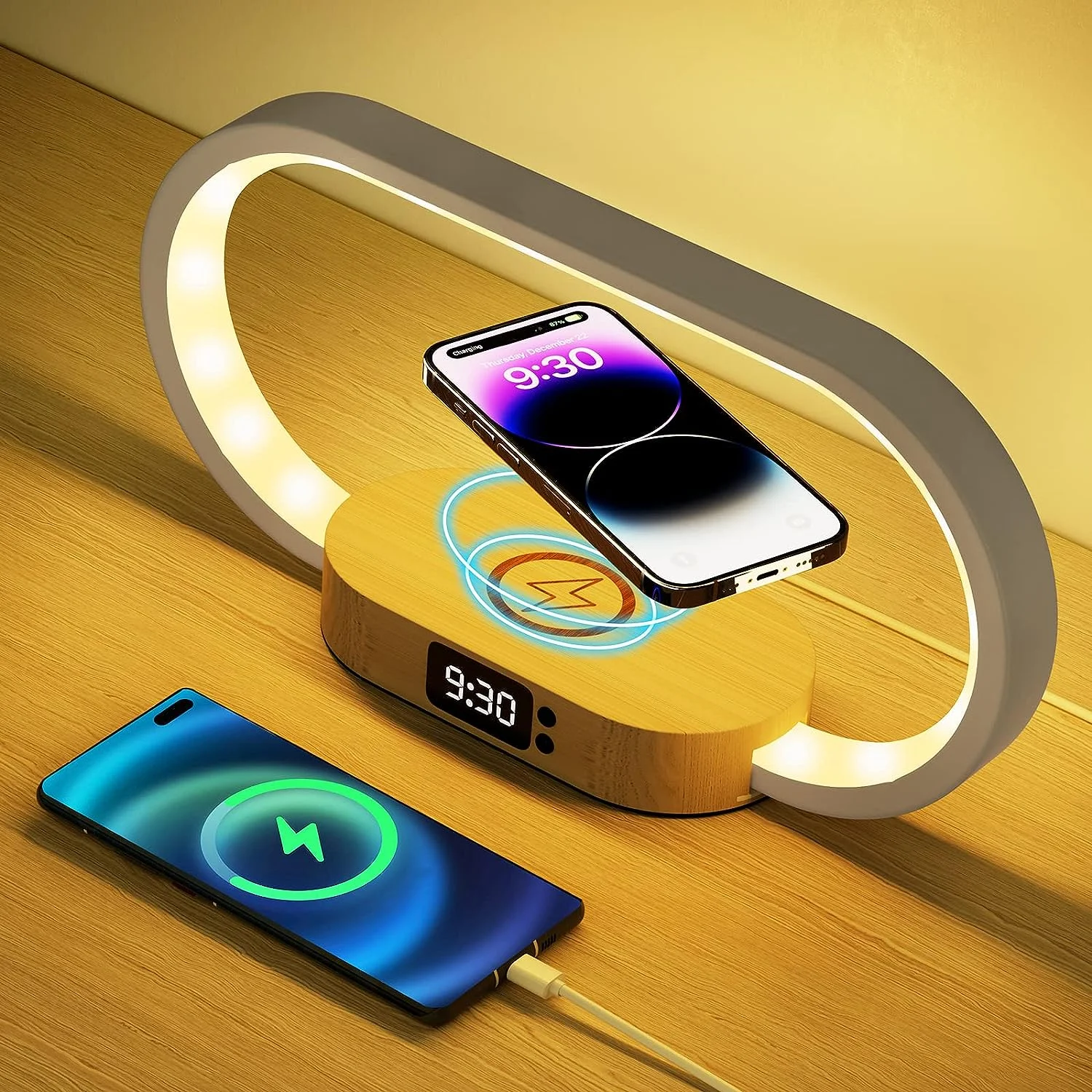 wooden usb bedside lamp dimmable modern  night light with 15w fast wireless charger