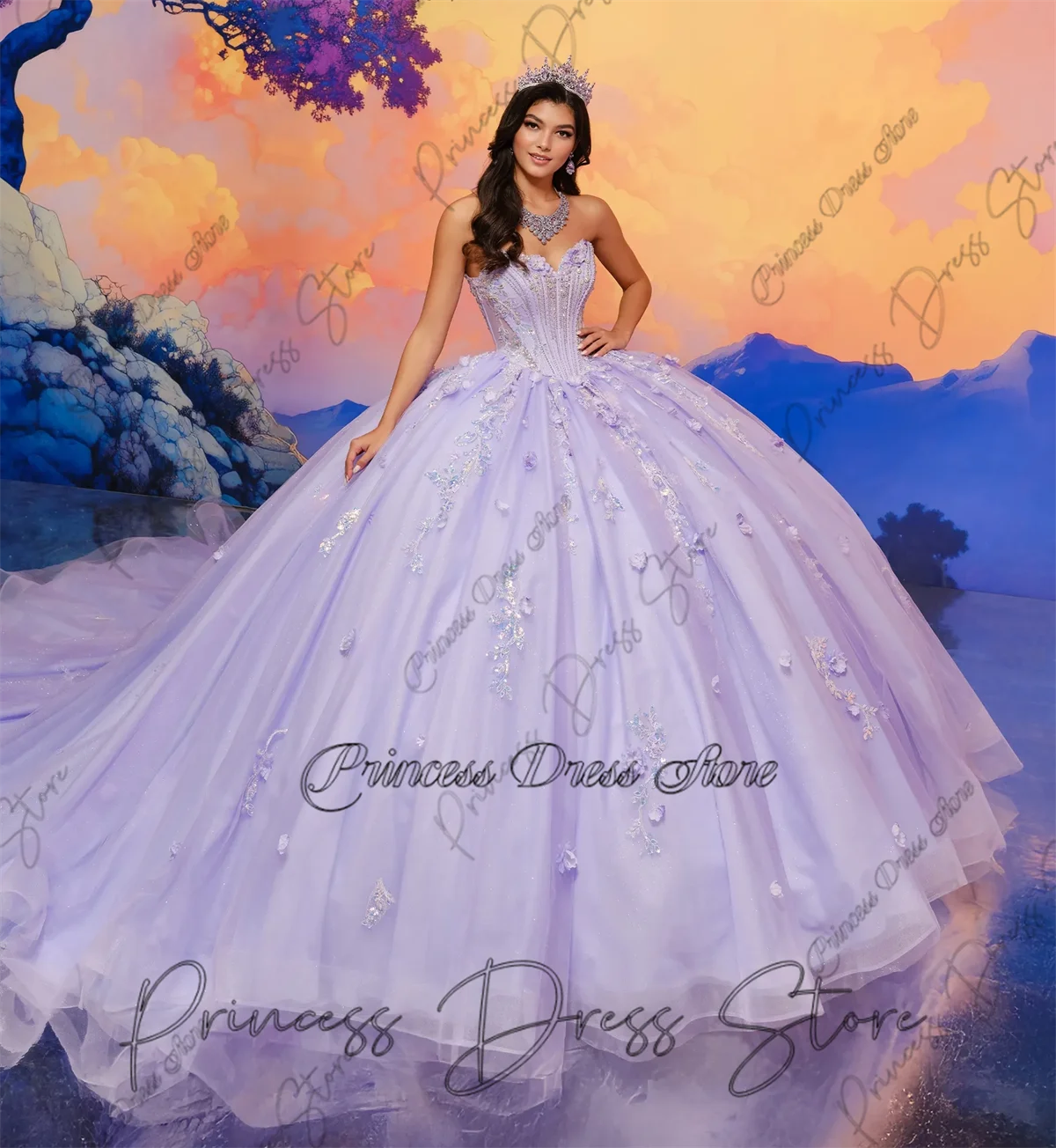 

Sweet Princess Quinceanera Dresses Tiered Ruffles Bead Crystals 16th Birthday Party Prom Gown Lace-Up Style Ball Gown Customized