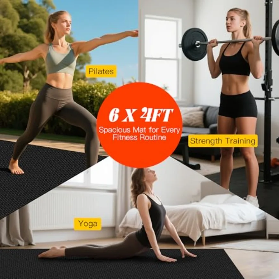 Home gym workout mat: extra thick 8mm PVC, non-slip black, ultra durable heavy-duty high-density large wide mat for cardio, str