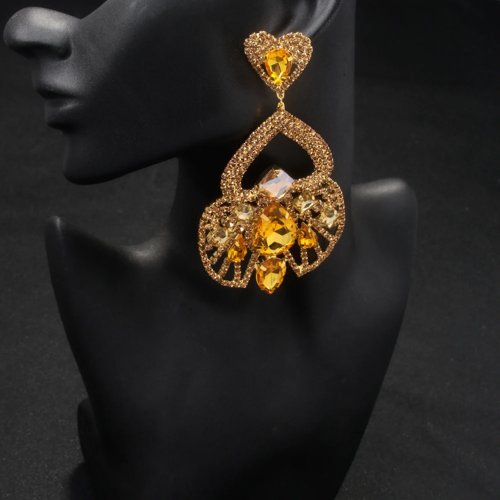 Exaggerated Hollow Crystal Dangle Earrings for Drag Queen Handmade Fashion Oversize Rhinestone Hanging Earrings Piercing Party