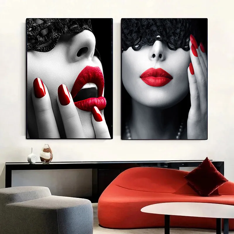 Sexy Red Lips Women Burning Money Cash Posters and Prints Canvas Paintings Fashion Girl Portrait Wall Art Picture Bar Home Decor