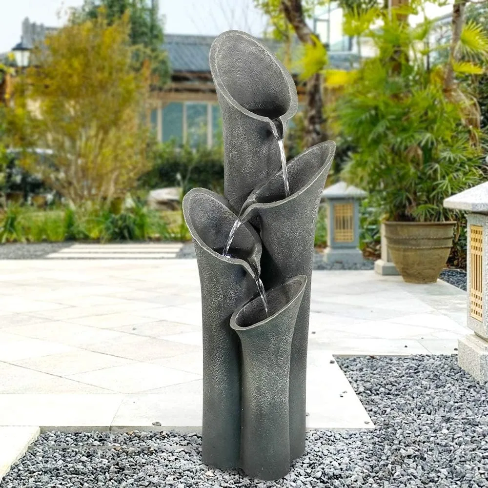 

4-Tier Faux Stone LED Floor Fountain, 33.5 Inch Waterfall Outdoor Fountain LED Illuminated Water Feature for Patio Garden