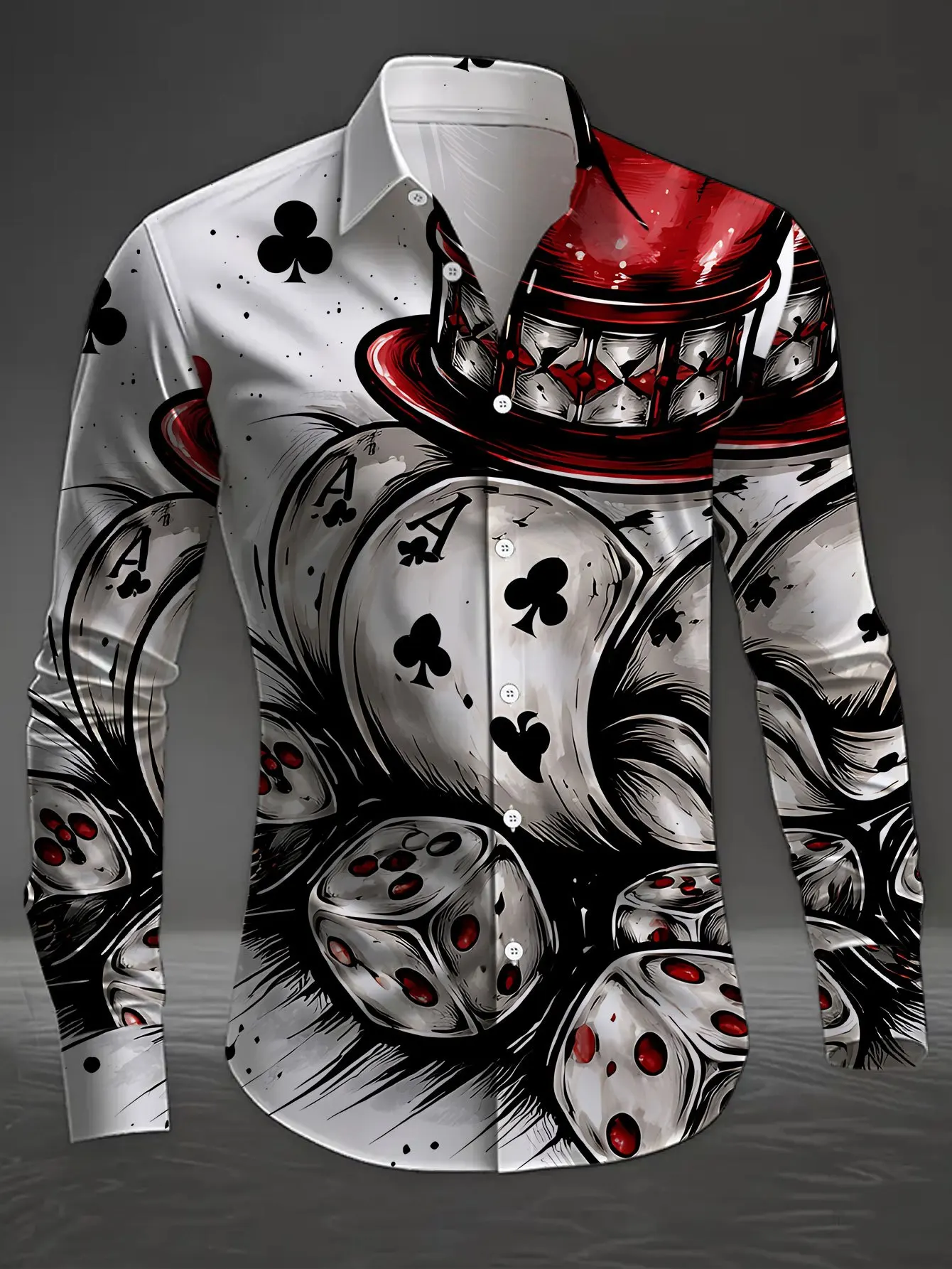 Men Long Sleeve Button Down Shirt Poker Card Dice Magician Hat Print Polyester Lapel Collar Party