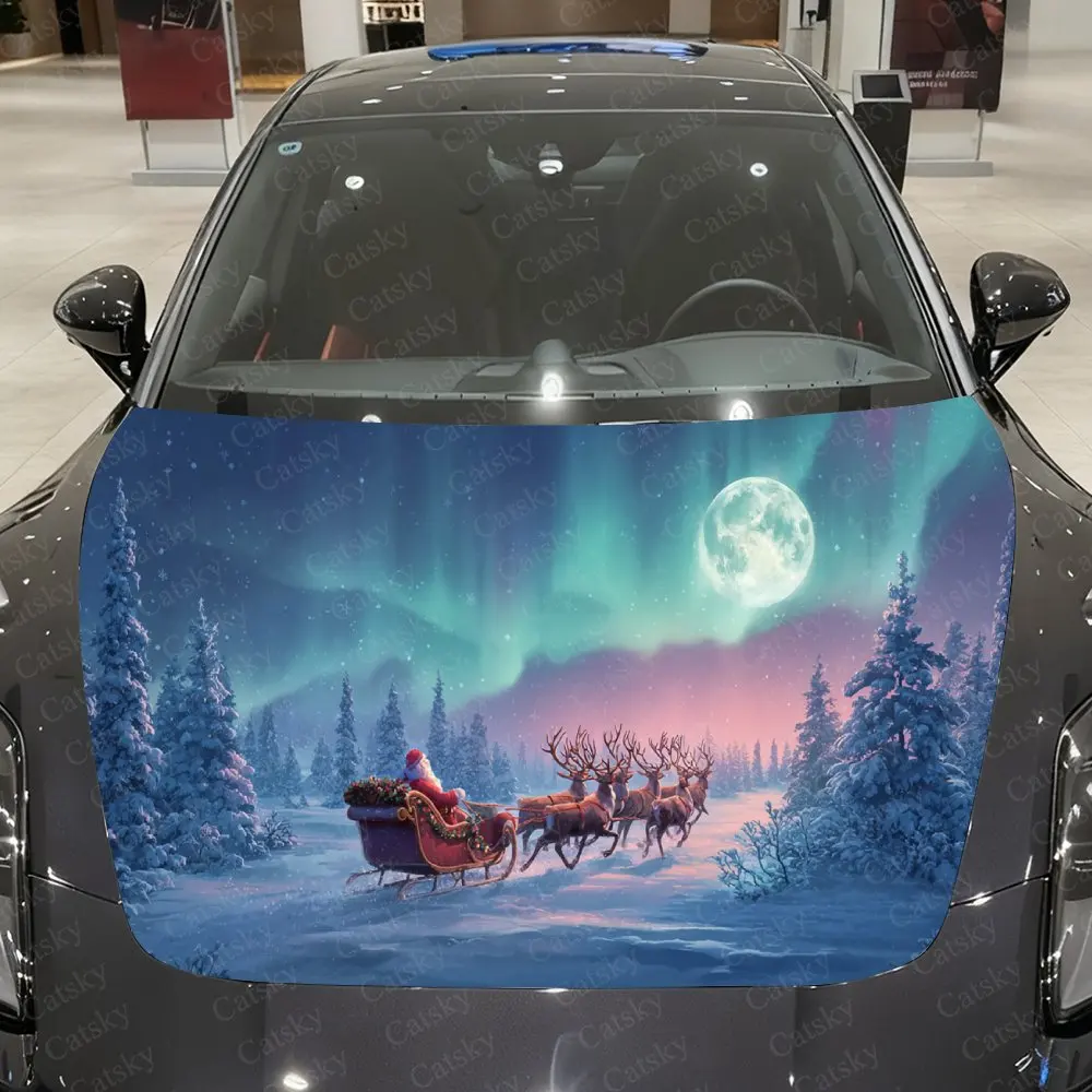 Aurora Moonlit Christmas Sleigh Car Vinyl Wrap, PVC Material Waterproof Car Hood Sticker, Self-Adhesive Scratch-Resistant Sticke