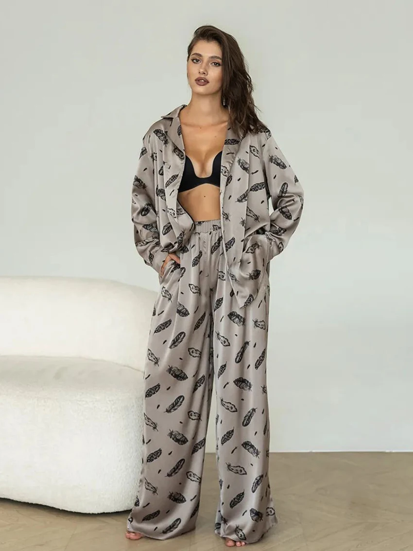 

Marthaqiqi Printing Women Nightgown Set Turn-Down Collar Sleepwear Long Sleeve Pajamas Pants Casual Winter Ladies Nightwear Suit