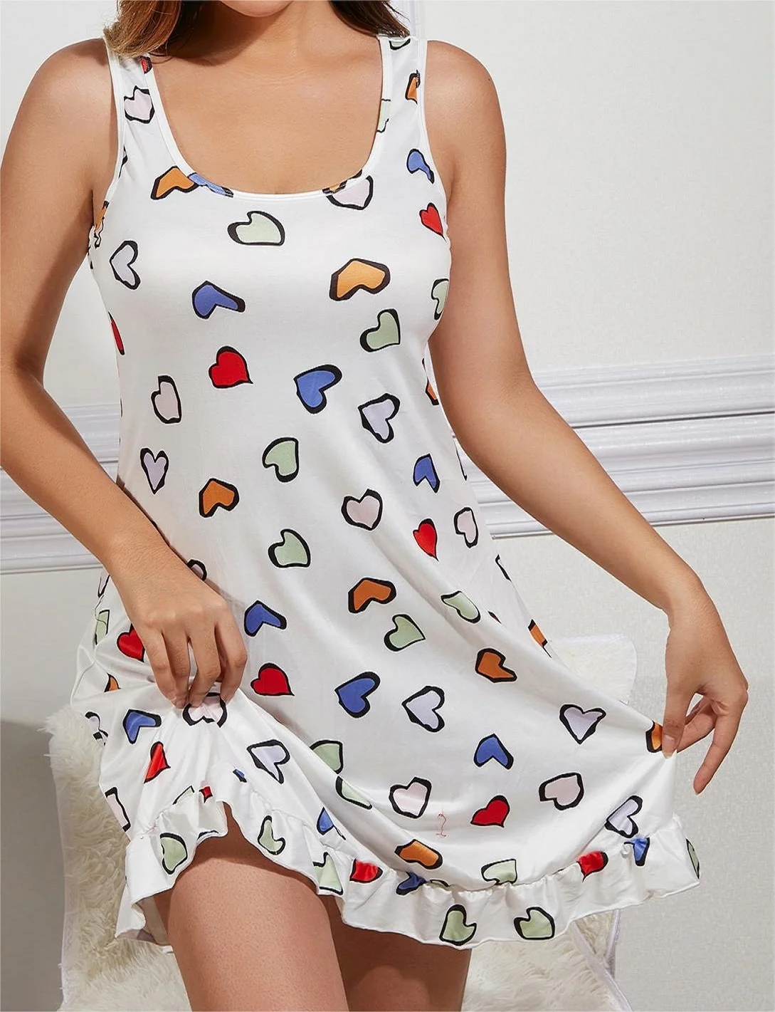 Sexy Heart Print Slip Nightdress Lettuce Trim Round Neck Sleep Dress For Valentine\'s Day Women\'s Sleepwear Dresses 2024