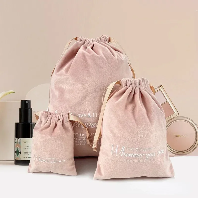 50P Luxury Bracelets Pouches Pink Velvet Drawstring Bag Custom Logo Jewelry Packaging Organizer Gift Bags Wedding Party Favors