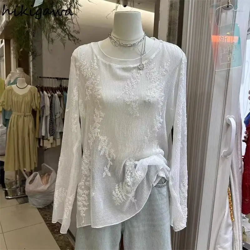 

Floral Embroidery Blouse Women Clothes Long Sleeve Lace Tshirts O-neck See Through Sexy Tops Chic See Through Blouses Ropa Mujer