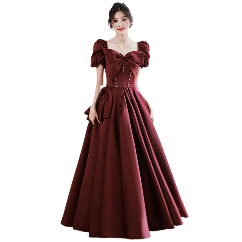 2025 New Women's Wine Red One Shoulder Butterfly Knot Decorative Dress Fashionable Slimming Back Strap Long Elegant Dress