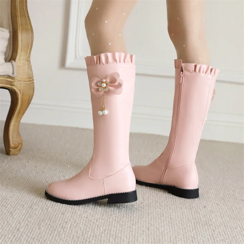 

YQBTDL 2025 Fashion Lolita Style Bow Pearls Crystal Ruffles Knee High Long Boots Child Low Heels Party Princess Shoes 12+y