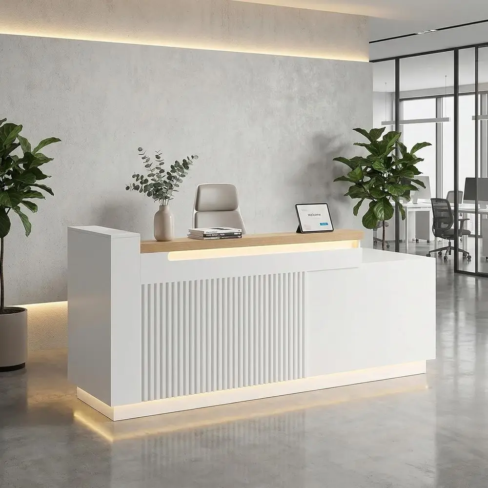 

87 L-Shaped Desk with Integrated Outlets, Modern LED-lit Desk, White Counter with Lockable Drawers and Storage for Office, Retai