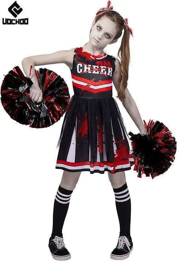 Girl Zombies Cheerleaders Dress Halloween Cosplay Costume Horrible Bloody Gown Gothic Child Two Piece Day of The Dead Party Wear view 4