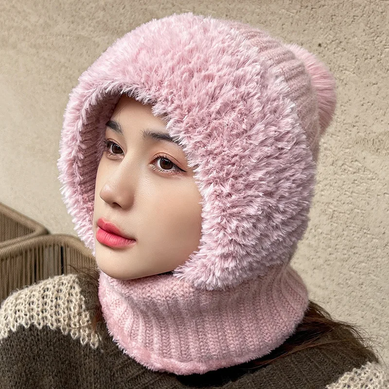 

New Warm Scarf Mask Integrated Hat Pompom Windproof Pullover Cap Coldproof Neck Warmer Women 모자