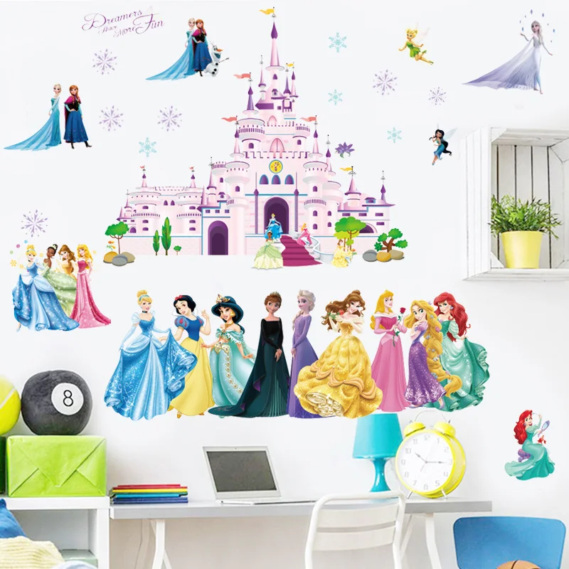 Disney Lovely Snow White cenerentola Aurora Princess Wall Stickers per la camera dei bambini decorazione della casa carta da parati congelata