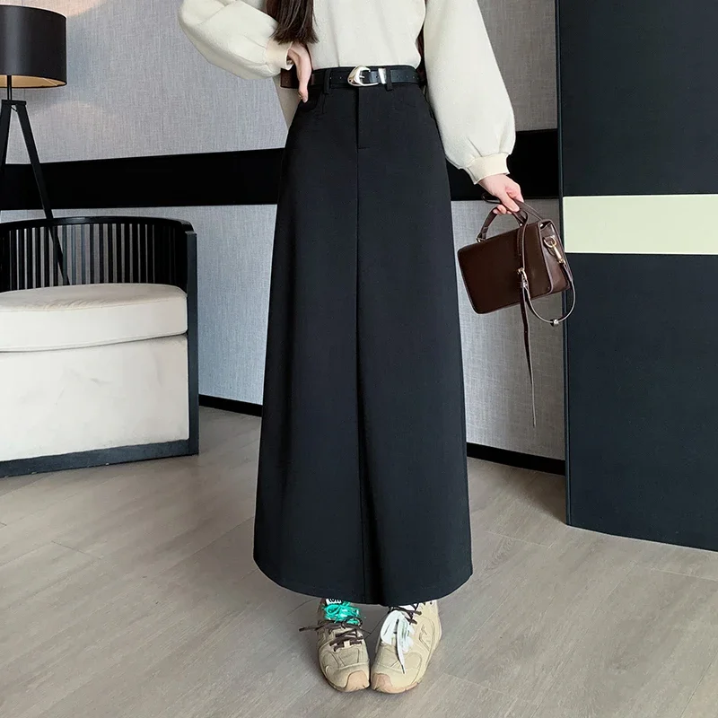 Fashion Winter Long Skirts for Women Elegant High Waist Straight H-Line Black Skirt 2024 OL Korean Slim with Belt Vintage Skirts