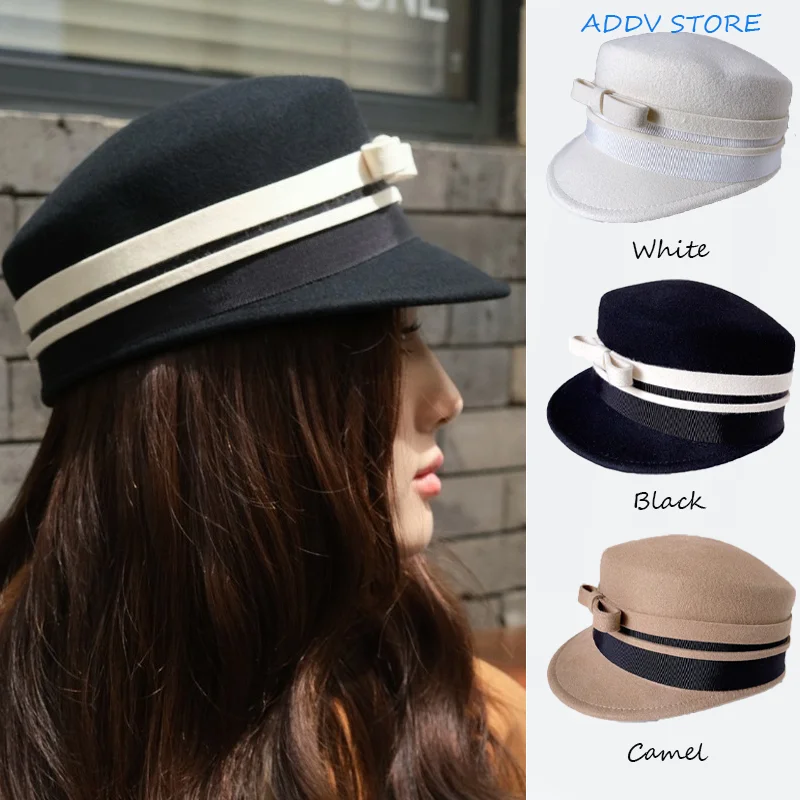 

Y2K Japanese Stripe Bow Equestrian Caps White Wool Tweed Cap Contrast Bow Newsboy Hats