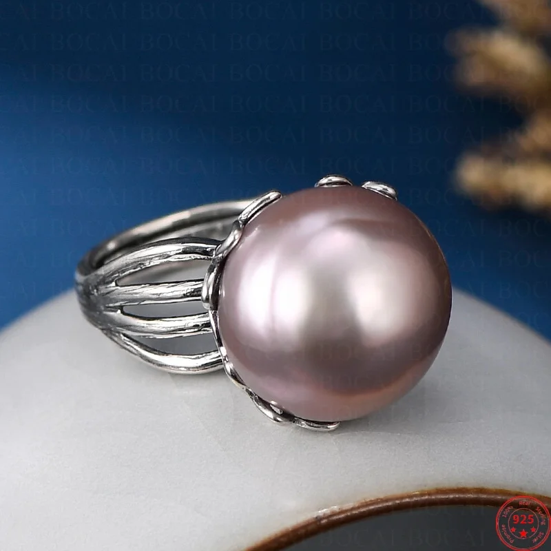 

S925 Sterling Silver Charms Rings for Women New Fashion Hollow Flowers Inlaid Freshwater Pearl Palace Style Jewelry