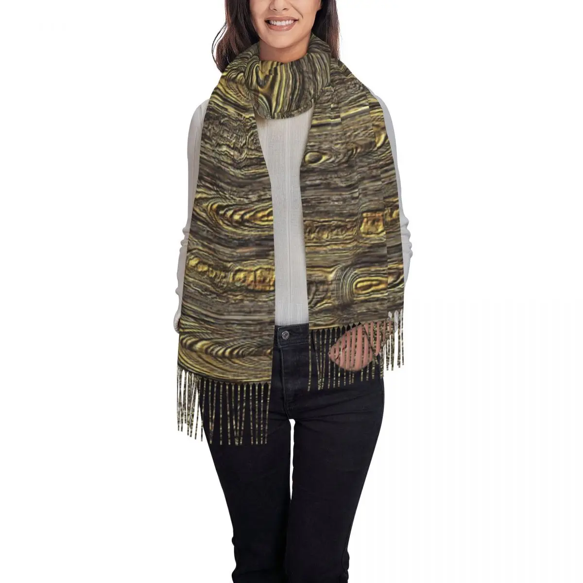 Golden Wood Growth Ring Texture Scarf Wrap Women Long Winter Fall Warm Tassel Shawl Unisex Scarves