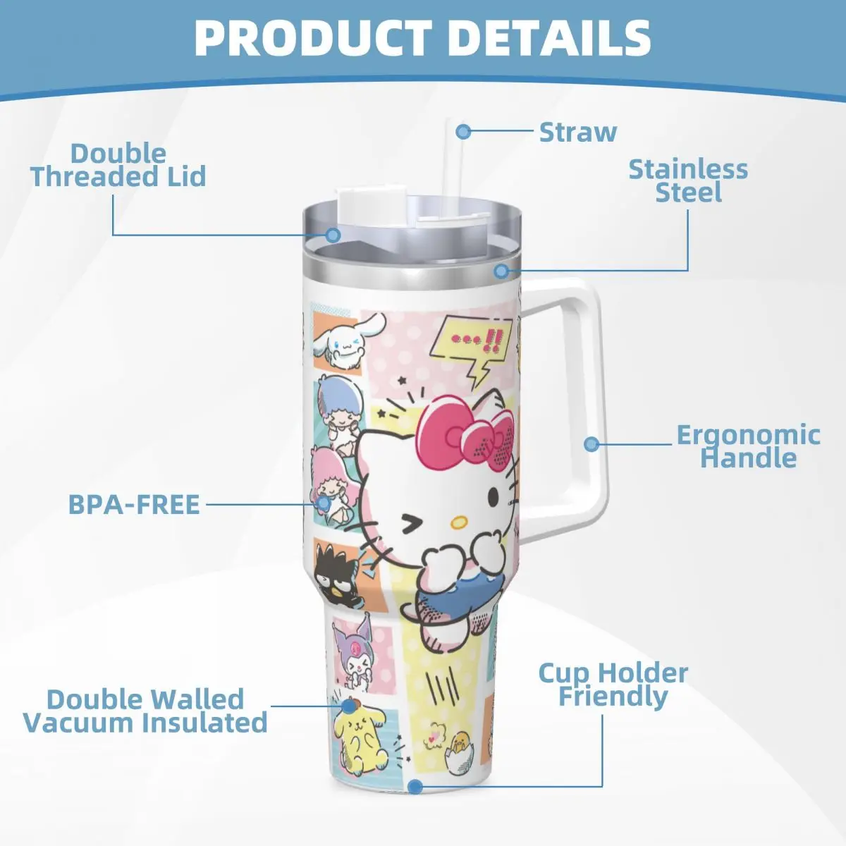 Sanrio Hello Kitty Melody Kuromi 40 Oz Ultimate Tumbler with Handle and Straw Vacuum Insulated Tumbler