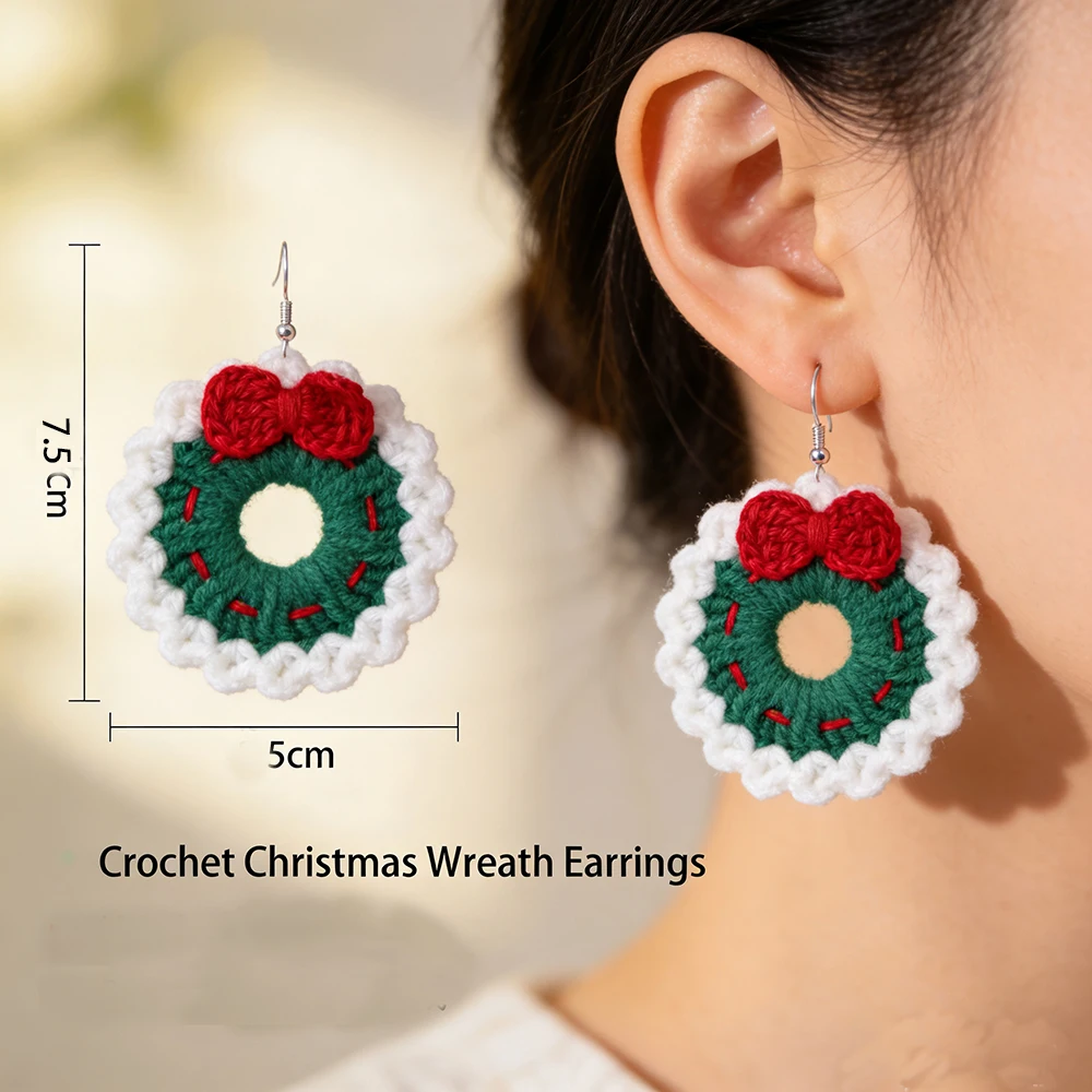 Crochet Fashion Merry Christmas Wreath Circle Hoop Earrings for Women Girls New Year Party Festival Jewelry Gifts