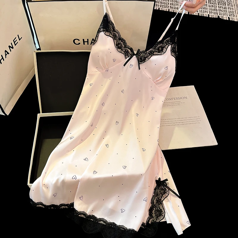 DAIMELU sexy nightgown women's summer high-quality soft ice silk pajamas with chest pads lace pure sleepwear female nightwear