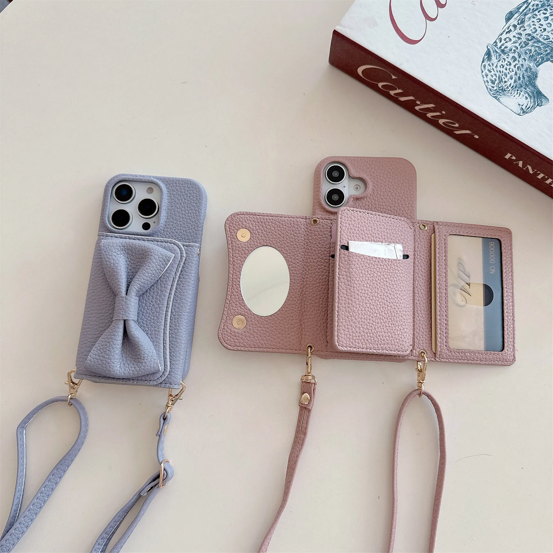 

Подходит для iPhone 17, чехол для телефона с зеркалом для макияжа, 16 pro max, многофункциональная вставка для карт, 15 pro Bow 14 13, кожаный чехол