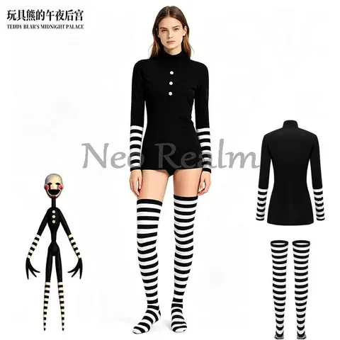 FNAF Cosplay Puppet Clown Costume Striped Dress Leggings Halloween Carnival Performance Outfit Set Horror Anime Game Roleplay