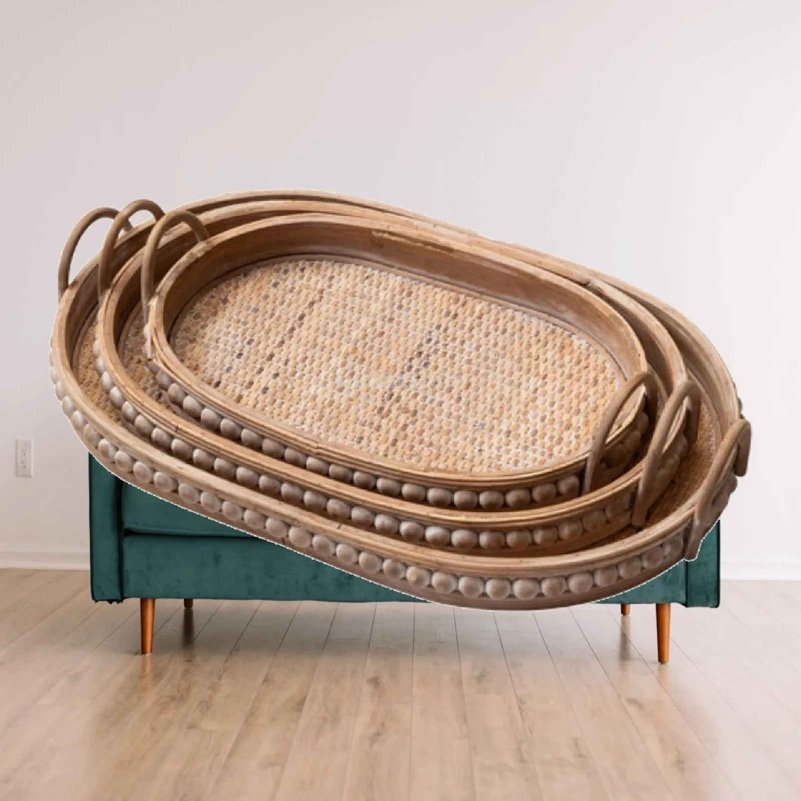 Oval Woven Tray with Handles Easy-to-Carry Woven Serving Tray with Beads Artisan Eco-Friendly for Desktop Storage