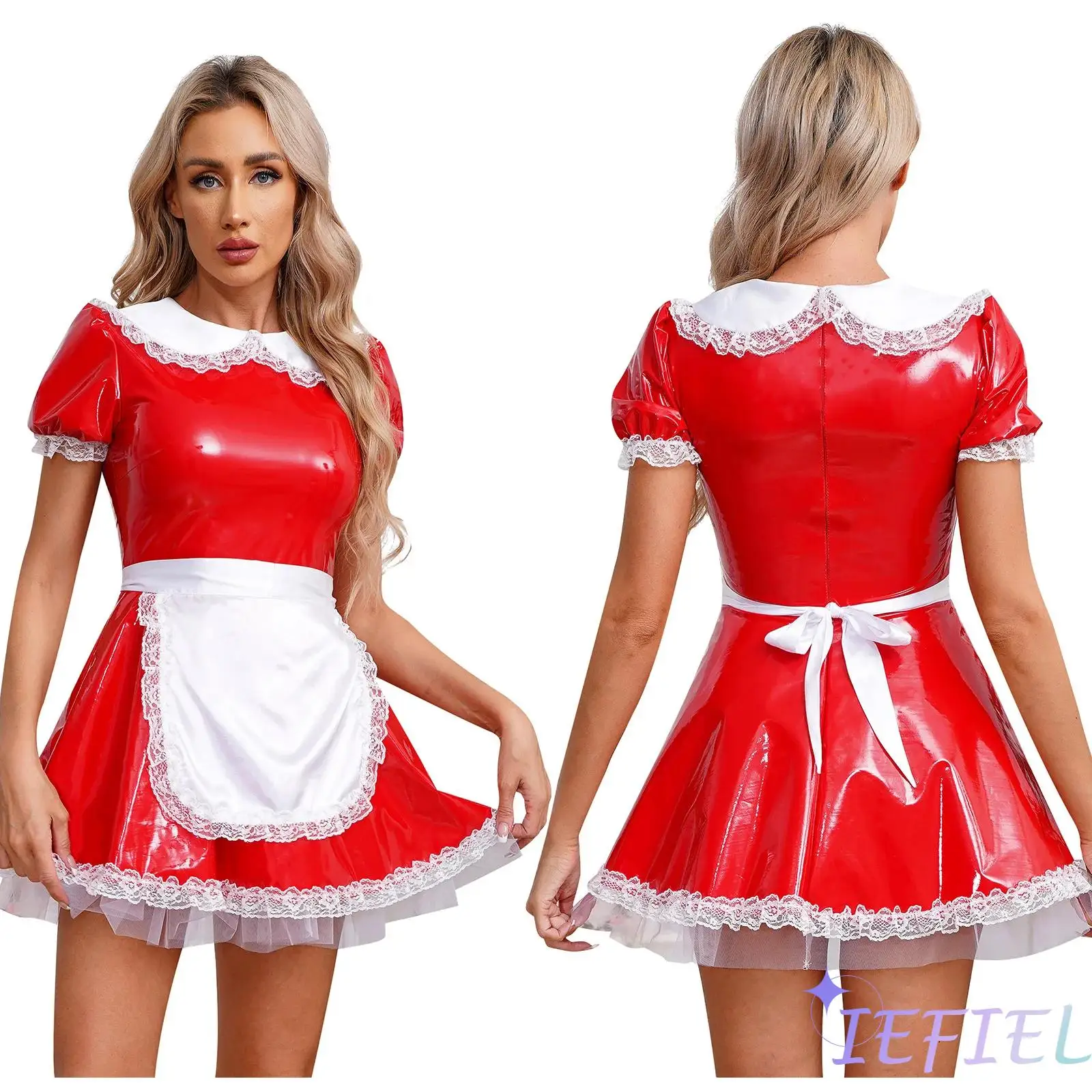 

Womens Pole Dance Show Servants Cosplay Maid Latex Dress Carnival Masquerade Theme Party Dress-up Ball Gown Costume with Apron