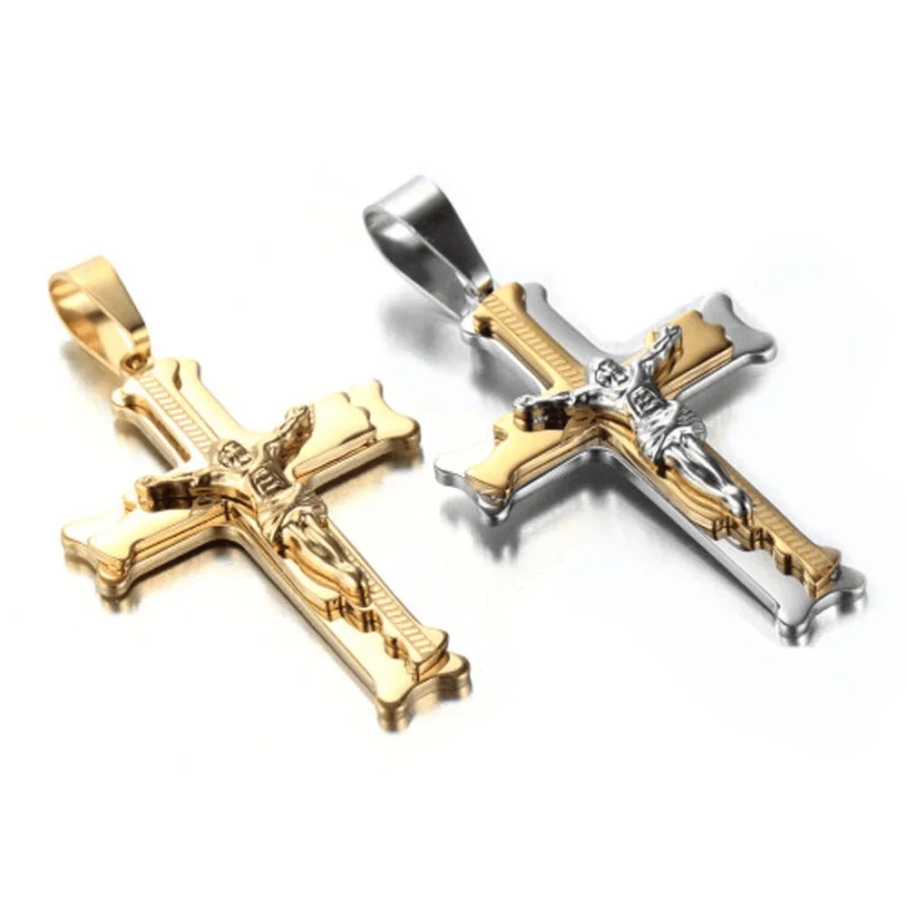 Men Women Silver Color/Gold Tone Jesus Cross Pendant Necklace 316L Stainless Steel Box Chain Jewelry Gift 18-34inch