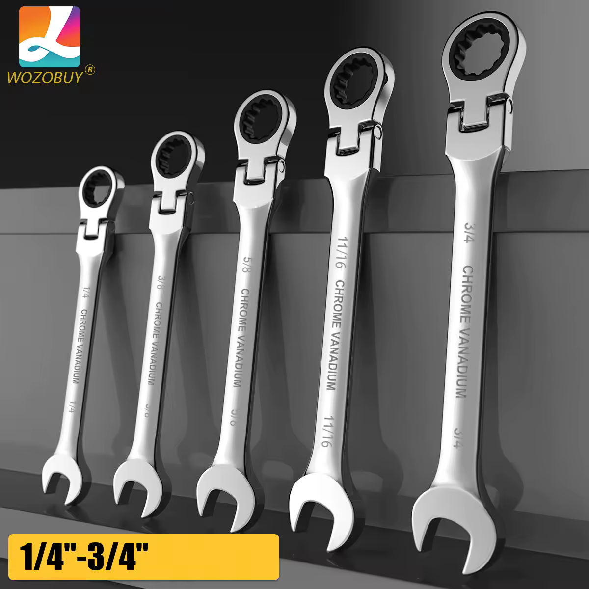Juego de llaves de trinquete de cabeza flexible WOZOBUY SAE |   Juego de llaves combinadas con trinquete de 1/4" a 3/4" |   72 dientes |   Acero al cromo vanadio