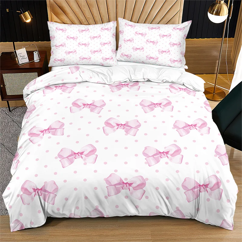 2/3Pcs Duvet Cover Set(No Comforter & Pillow Inserts),Pink Bow Polka Dot Print,Soft Machine Washable,Sweet Decor For School Dorm