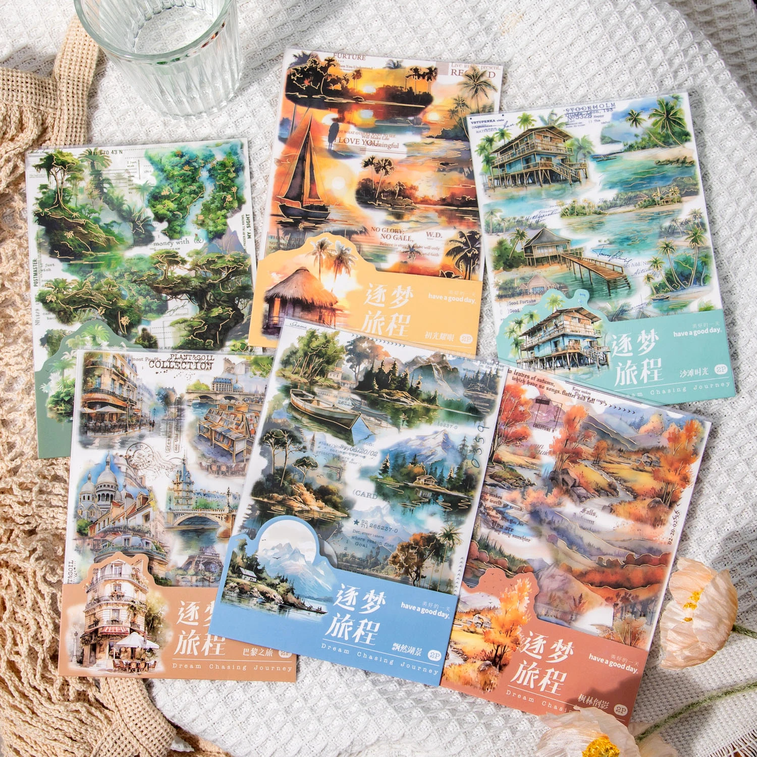 2 Sheets Dream Chasing Journey Series Vintage Landscaping Bronzing PET Sticker Creative DIY Journal Collage Decor Stationery