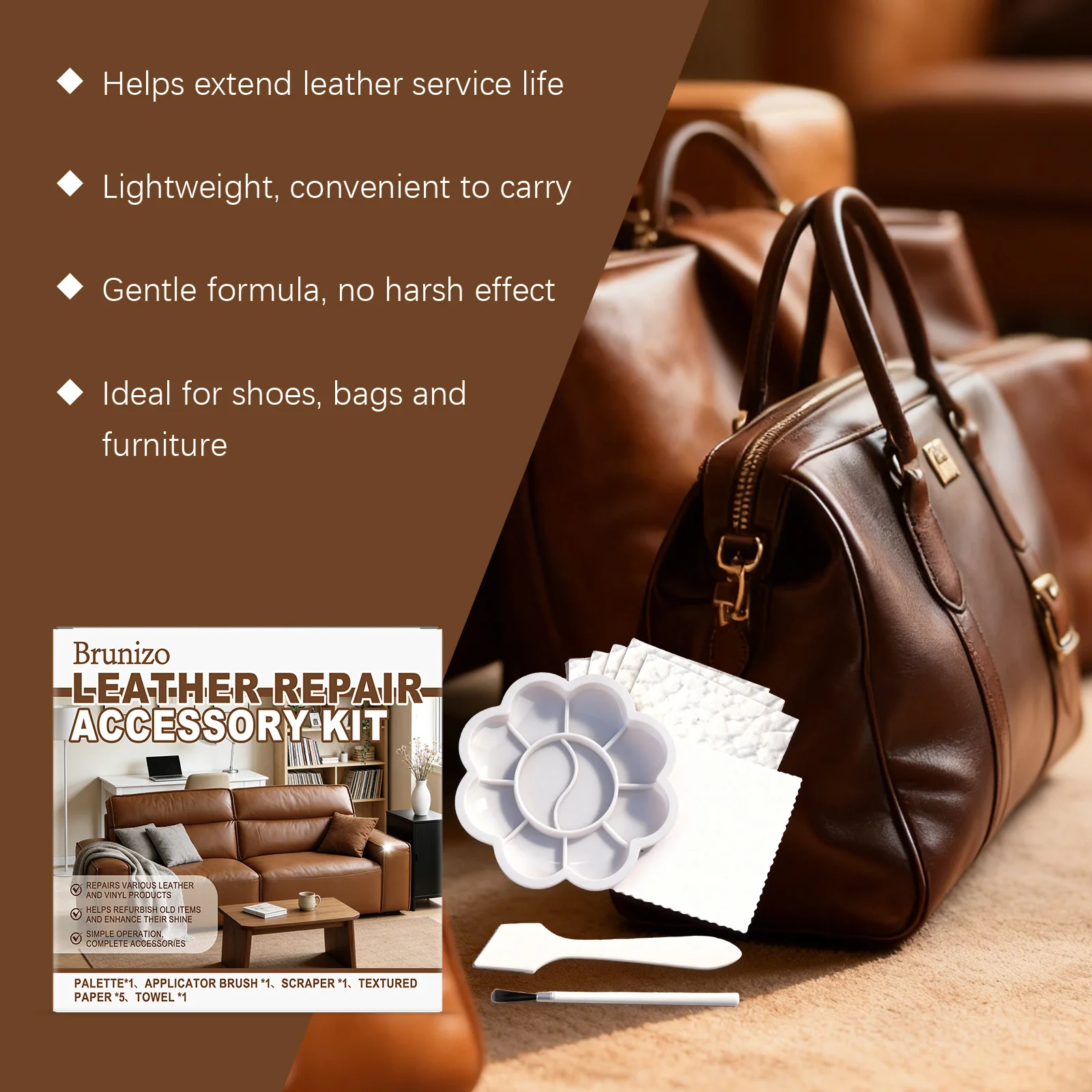 Leather Repair Accessory Kit DIY Color Mixing Palette Scraper Brush Grain Textured Paper Microfiber Towel for Couch Car Seat