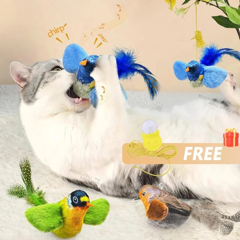 Interaktives Vogel-Spielzeug für Katzen, Jagd- und Teaser-Spielzeug mit Geräuschen und Katzenminze, Selbstunterhaltungsspielzeug, Wandhängendes Vogel-Katzenspielzeug