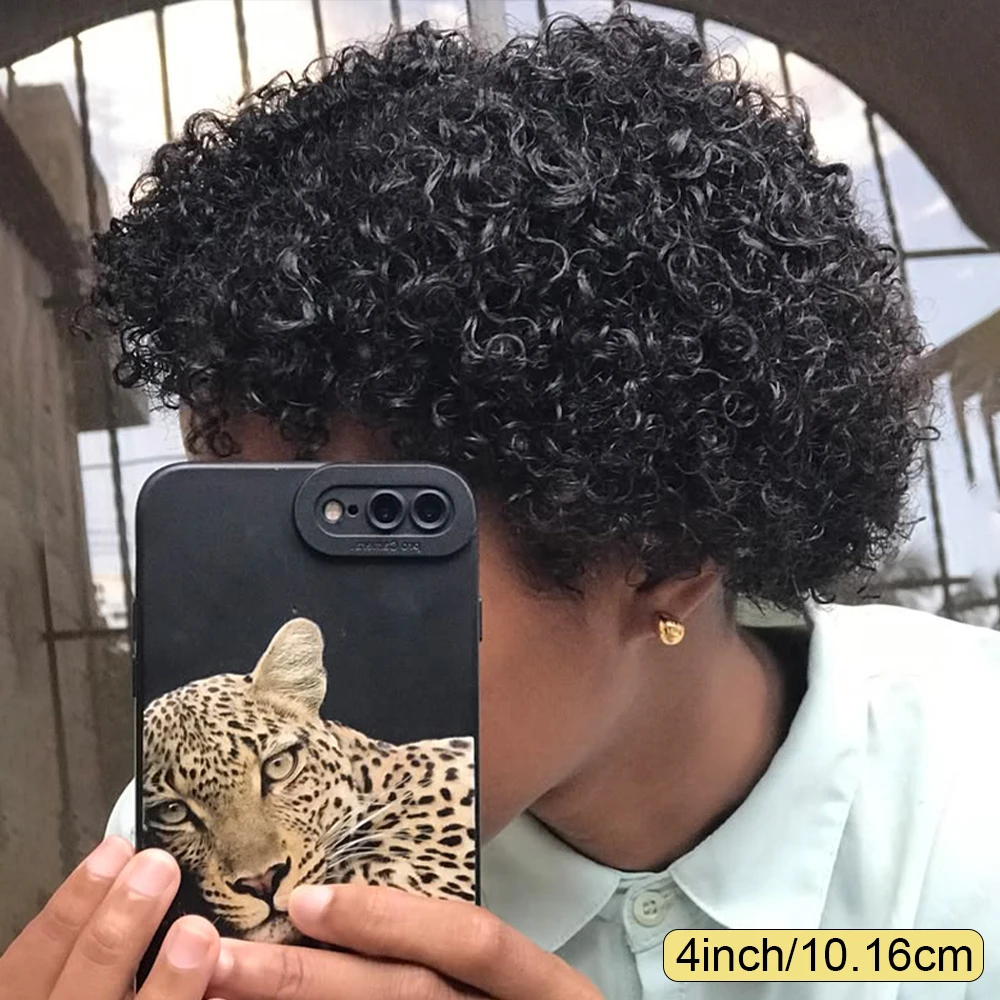 Natural Black Short Tight Kinky Curly Pixie Wig with Bangs, Voluminous Solid Black Short Bouncy Curly Human Hair Wig with Fringe, Natural Look Full Machine Made for Daily Wear, Parties & All Occasions