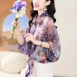 Printed Chiffon Shirt Women's New Style Design Sense Strap Western-style Anti-aging Top Large Size Loose Fit