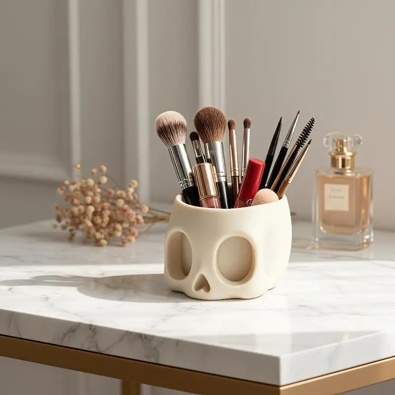 Retro Art Skull Shaped Pen Pencil Holder Home Office Desk Makeup Supplies Office Organizer Accessory Prop