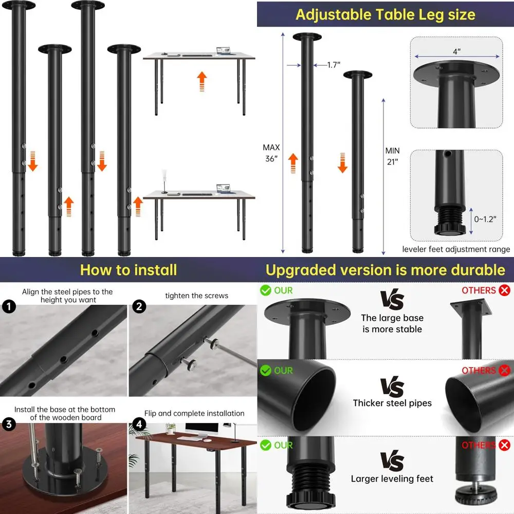 Verstellbare Tischbeine aus Metall, 21 bis 36 Zoll, Schreibtischbeine für das Heimbüro, DIY-Möbelbein-Set, geeignet für Computertische und