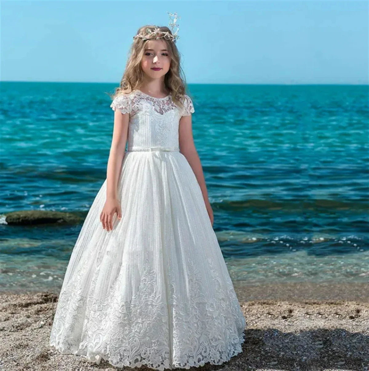 Vestido de tule fofo com laço para meninas, apliques de renda 3D, flor branca elegante para casamento, primeiro vestido de festa eucarístico infantil