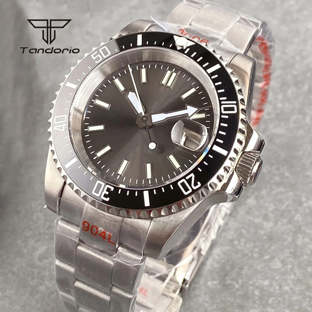 Tandorio Gray Sunburst Automatic NH35 Date Men's 40mm Mechanical Watch Sapphire Dive Stainless Steel Wristwatch Luminous Sterile