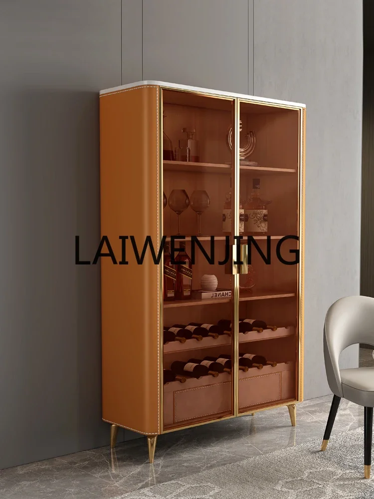 Light Luxury High-Grade Glass Door Wine Cabinet Living Room Home Wall Saddle Leather Display Cabinet Sideboard Cabinet