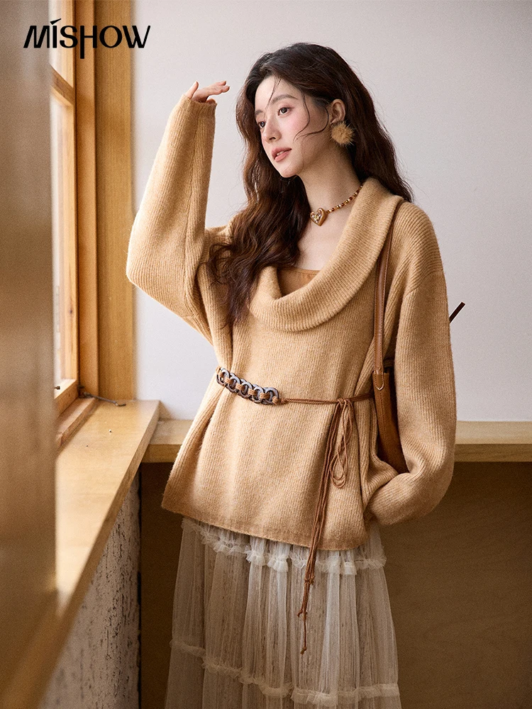 

MISHOW женский оранжевый свитер 2025, зимний роскошный свободный свитер во французском стиле с длинными рукавами, жилет с поясом, комплект из трех предметов MXE86T1437