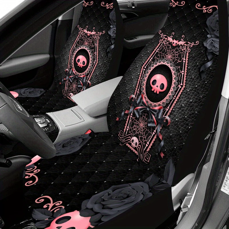 1 Set Gothic Skull Rose Car Seat Cover Universal All-Year, 2pcs/5pcs High - Back Halloween Themed Car Seat Covers Full Set, Univ