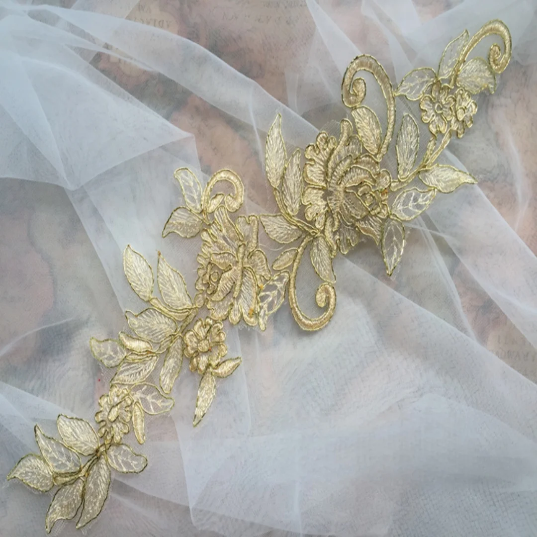 A Pair Embroidered Appliques, Sew-on gold applique , Embroidered Flowers Patches For Dress DIY Supplies,For Hair Flower