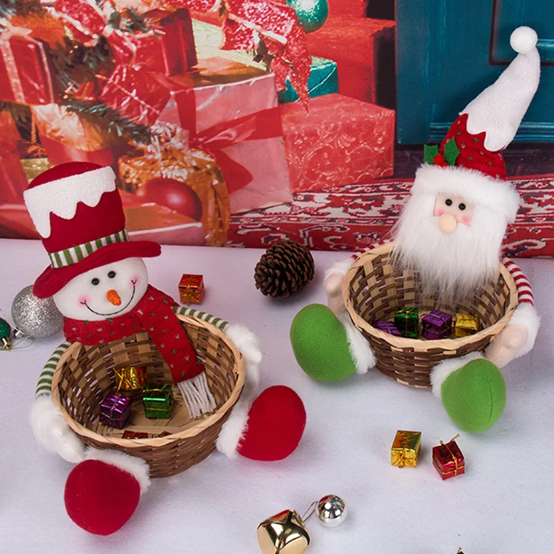 Cesta de decoração de natal papai noel boneco de neve suporte de doces cesta de frutas ornamento de mesa natal doces cesta de vime presente do festival