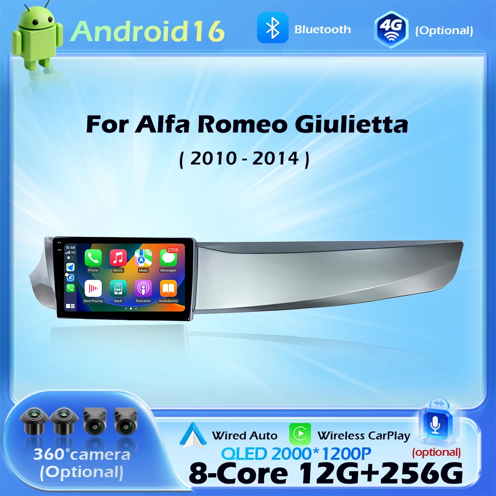 Radio para Auto Android 16 para Alfa Romeo Giulietta 2010-2014, Carplay Inalámbrico, Reproductor Multimedia de Video, WiFi, GPS, Navegación, DSP, Estéreo
