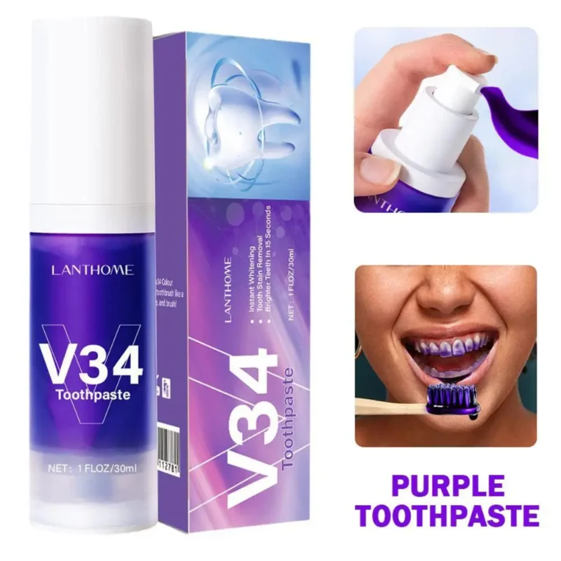 Mousse de limpieza dental V34, prensa embotellada púrpura, pasta de dientes, refresca el aliento, elimina las manchas, Reduce el color amarillo, cuidado bucal, nuevo, 30ml